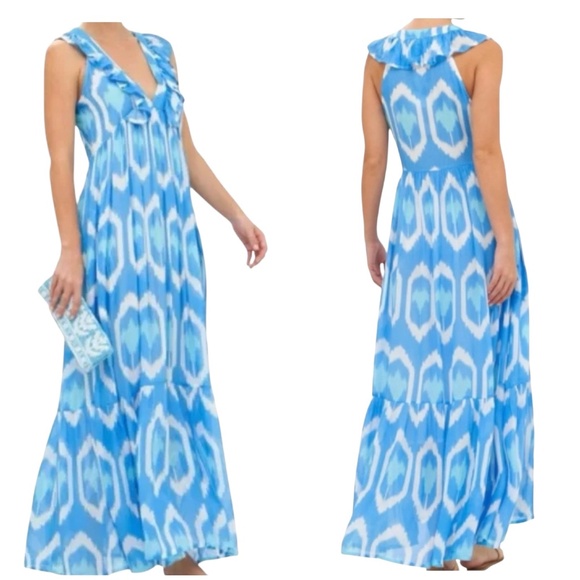 OLIPHANT ODISHA BLUE RUFFLE V NECK MAXI DRESS COTTON SILK LINED SUMMER PARTY LG - Picture 1 of 11
